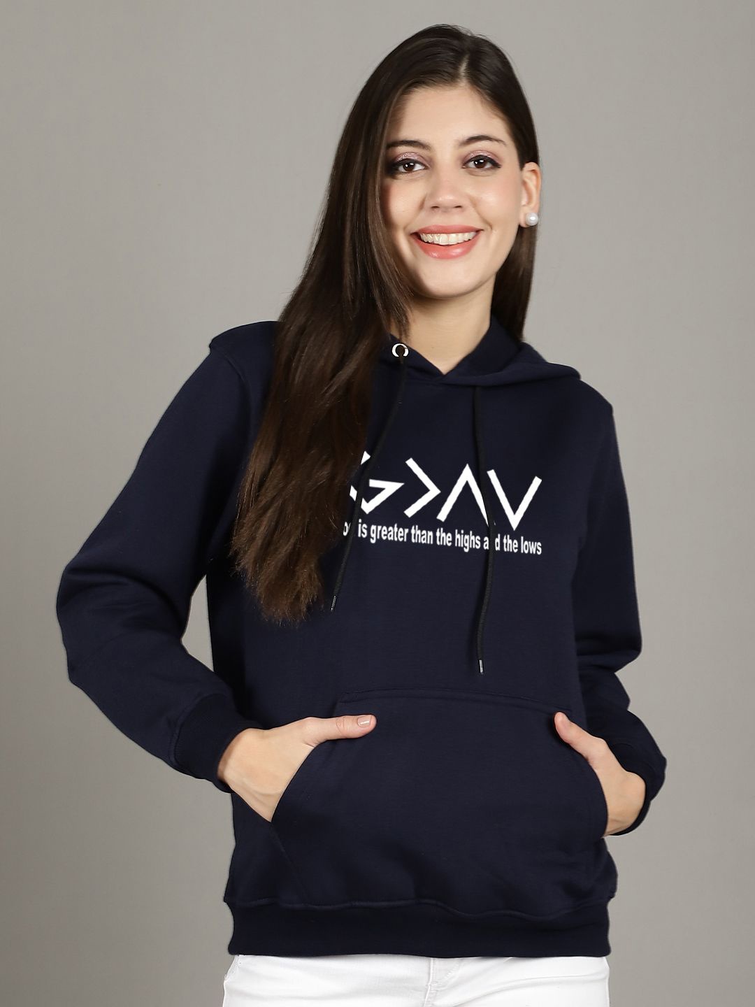 

GRACIT Women Printed Hooded Sweatshirt, Navy blue