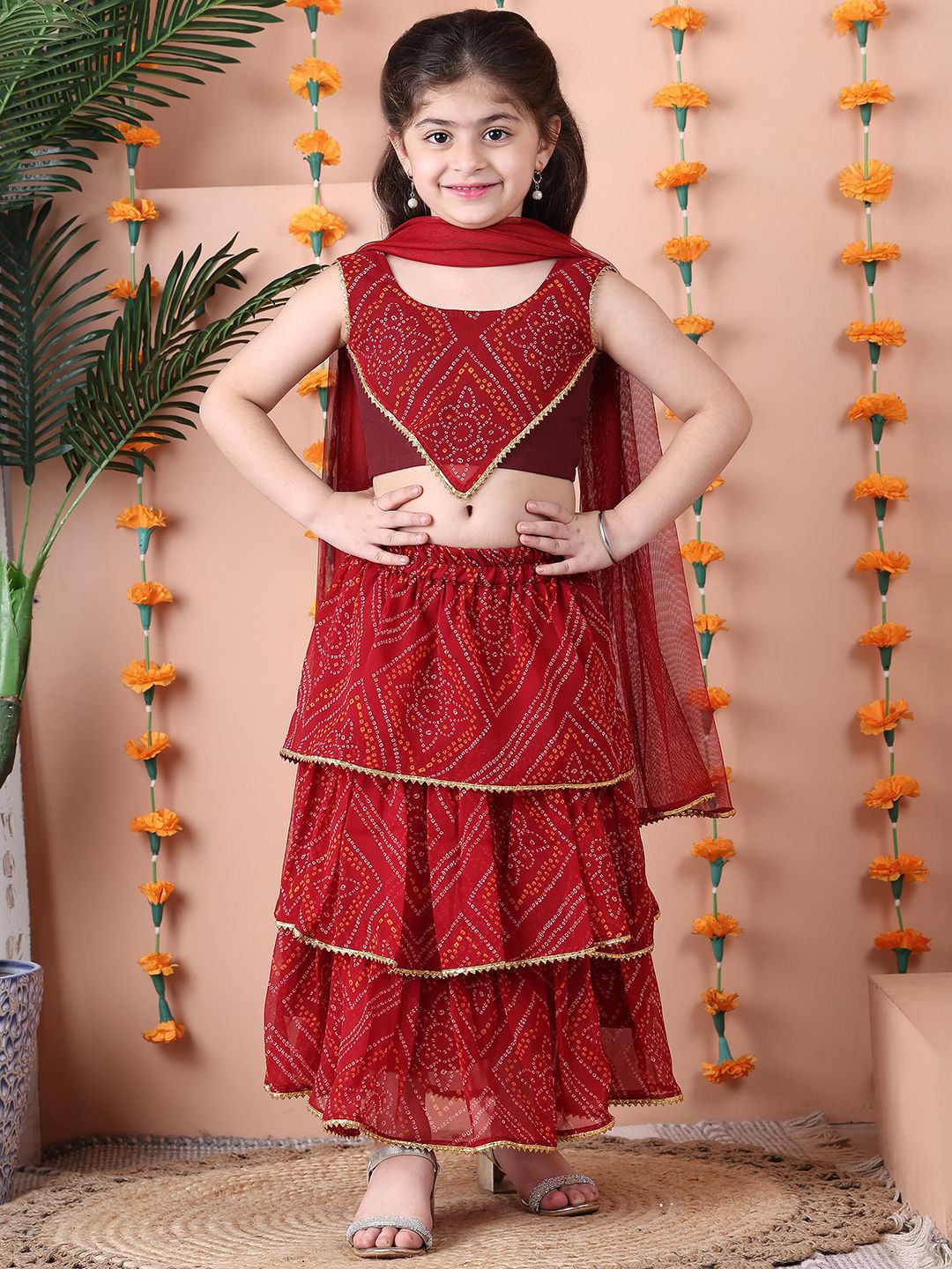 

NEUDIS Girls Bandhani Printed Gotta Patti Ready to Wear Lehenga & Choli With Dupatta, Maroon