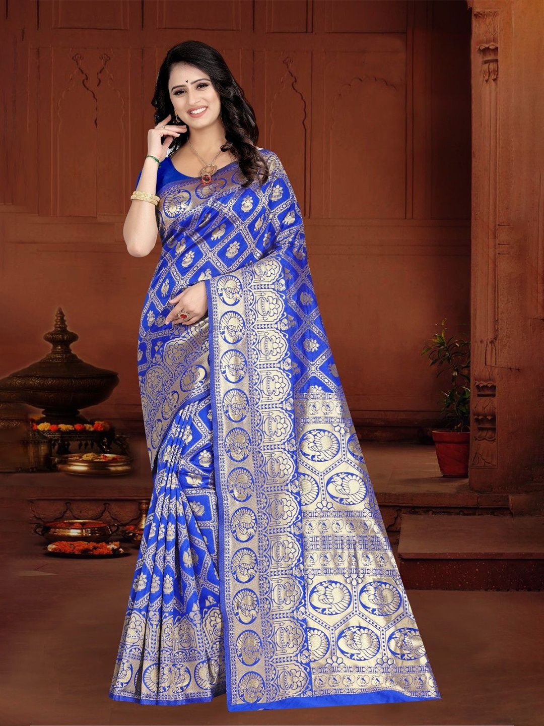 

KALINI Woven Design Zari Silk Blend Kanjeevaram Saree, Blue