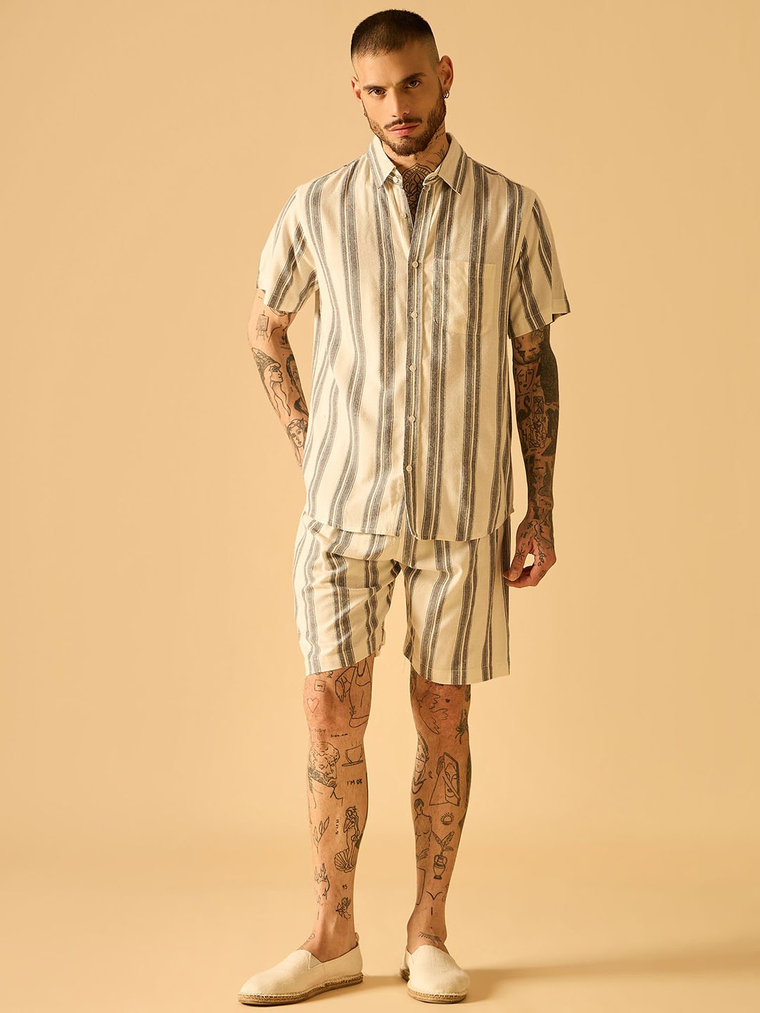 

AKS Striped Cotton Collar Neck Shirt & Shorts Co-Ords, Grey