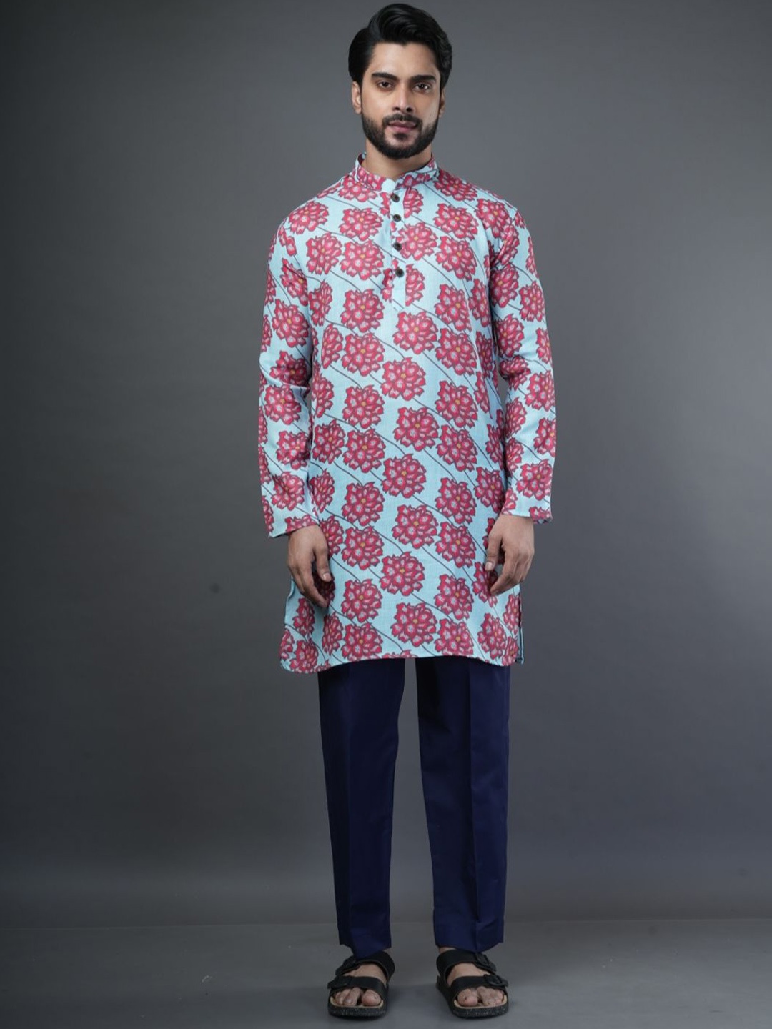 

ARYA Men Floral Printed Regular Linen Kurta with Pyjamas, Blue