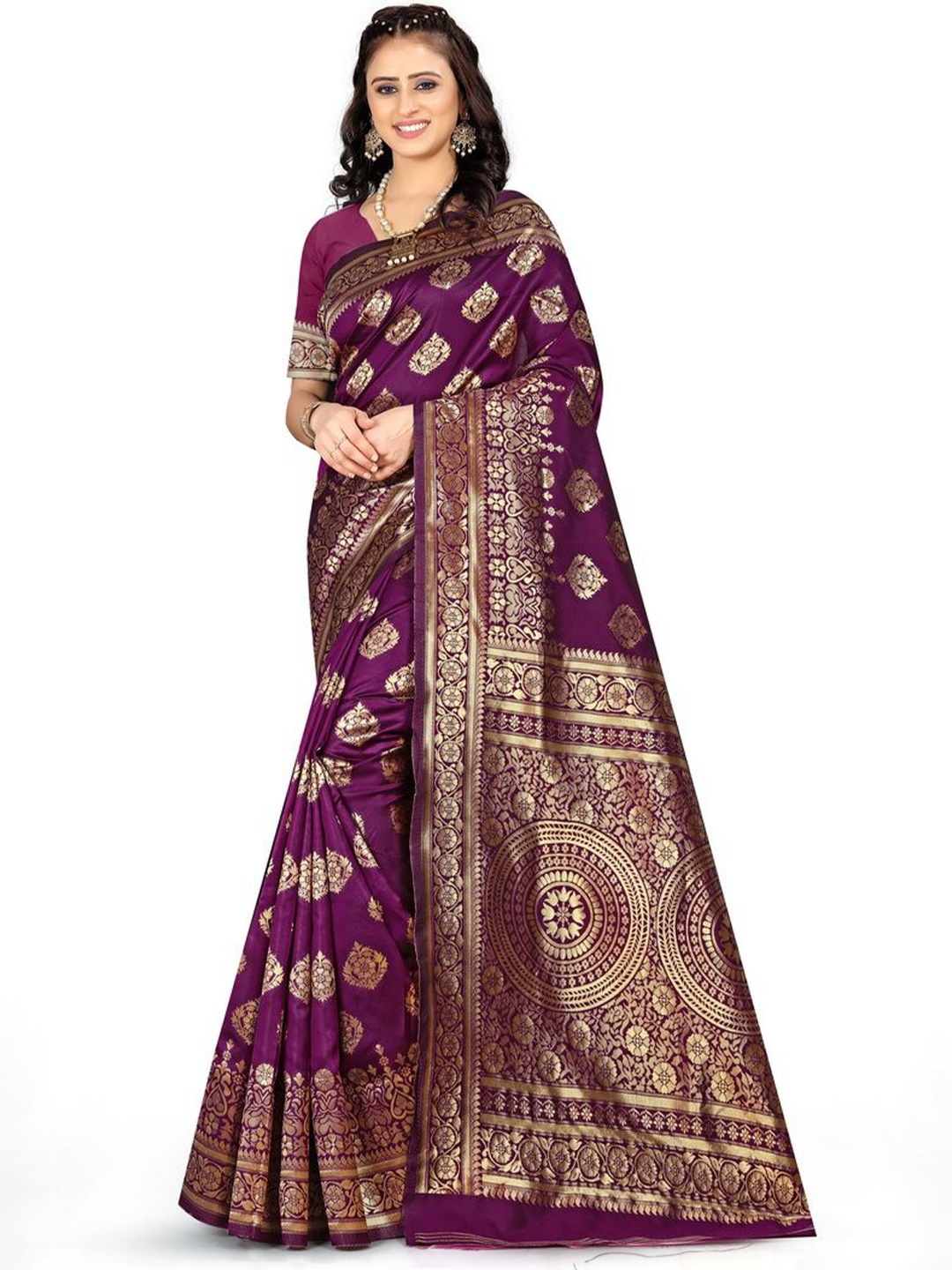 

KALINI Woven Design Zari Silk Blend Kanjeevaram Saree, Purple