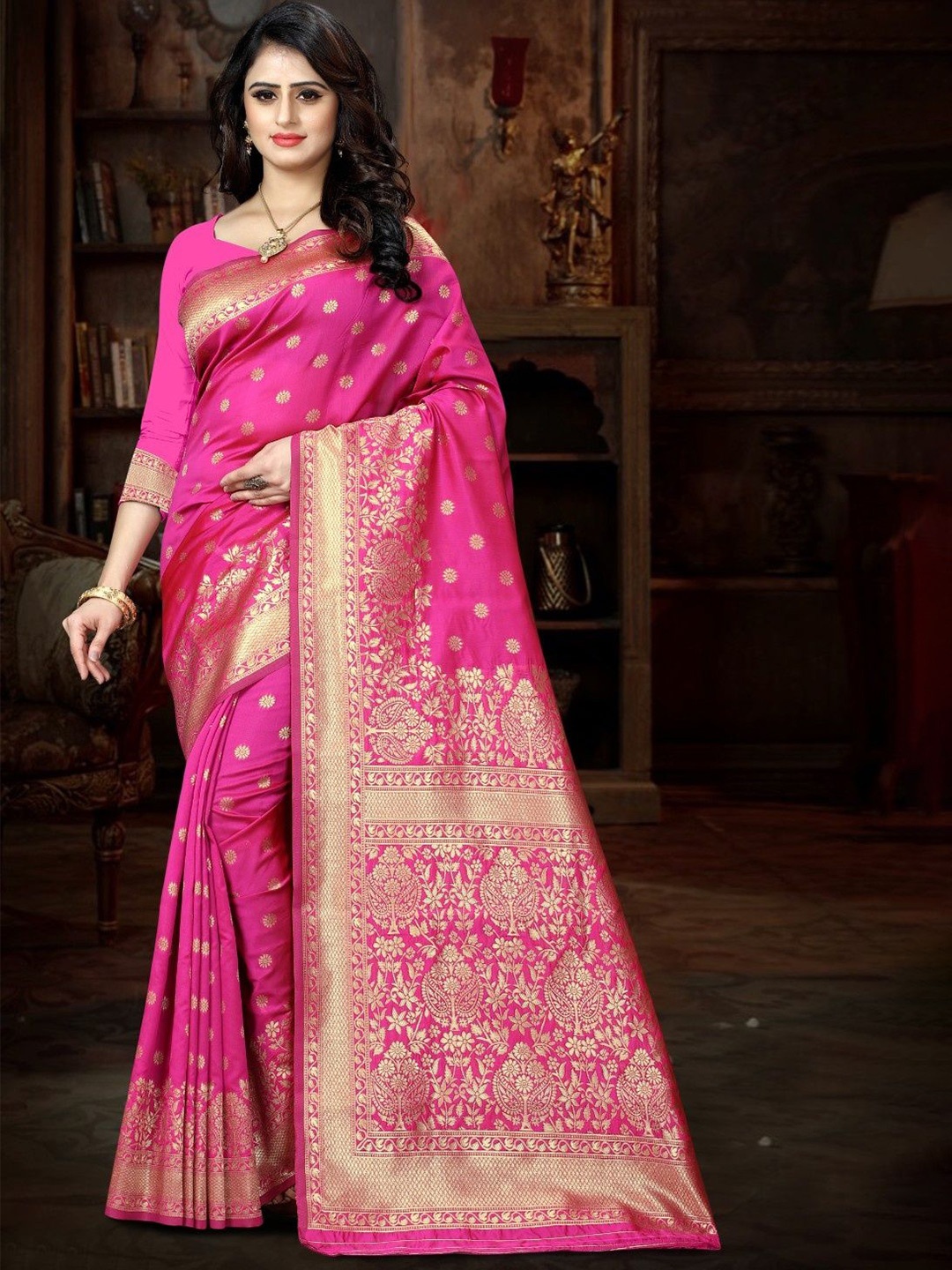 

KALINI Woven Design Zari Silk Blend Kanjeevaram Saree, Pink