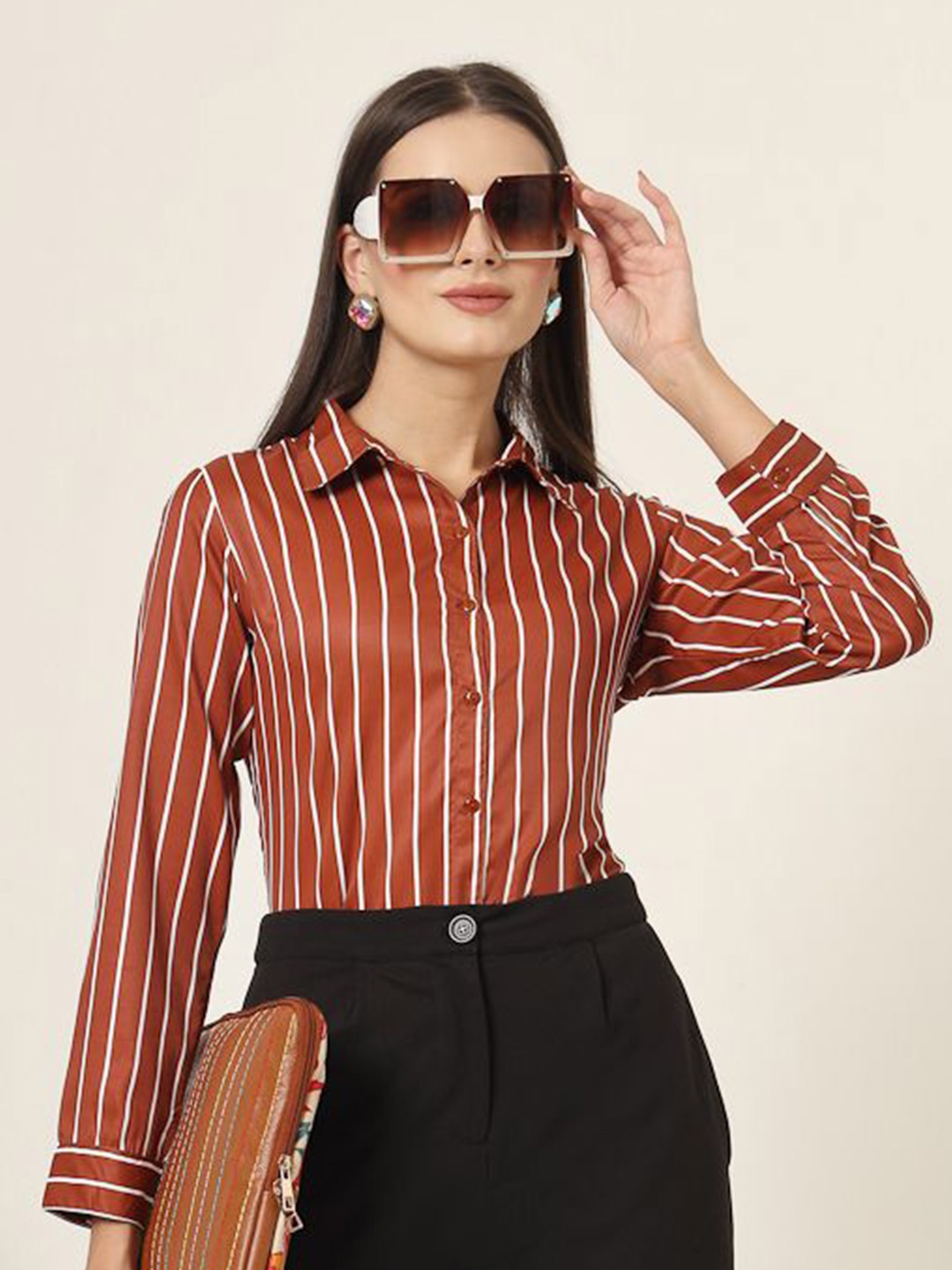 

Style Quotient Women Smart Opaque Printed Formal Shirt, Brown