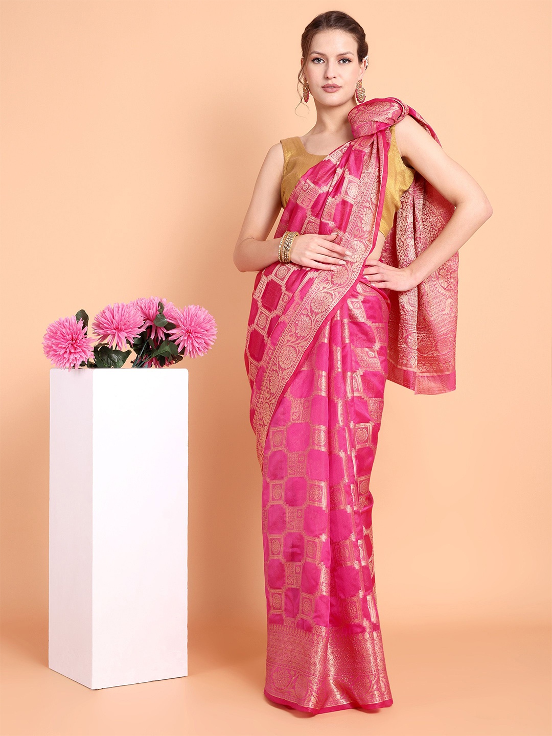 

ZIKARAA Woven Design Zari Pure Silk Kanjeevaram Saree, Pink