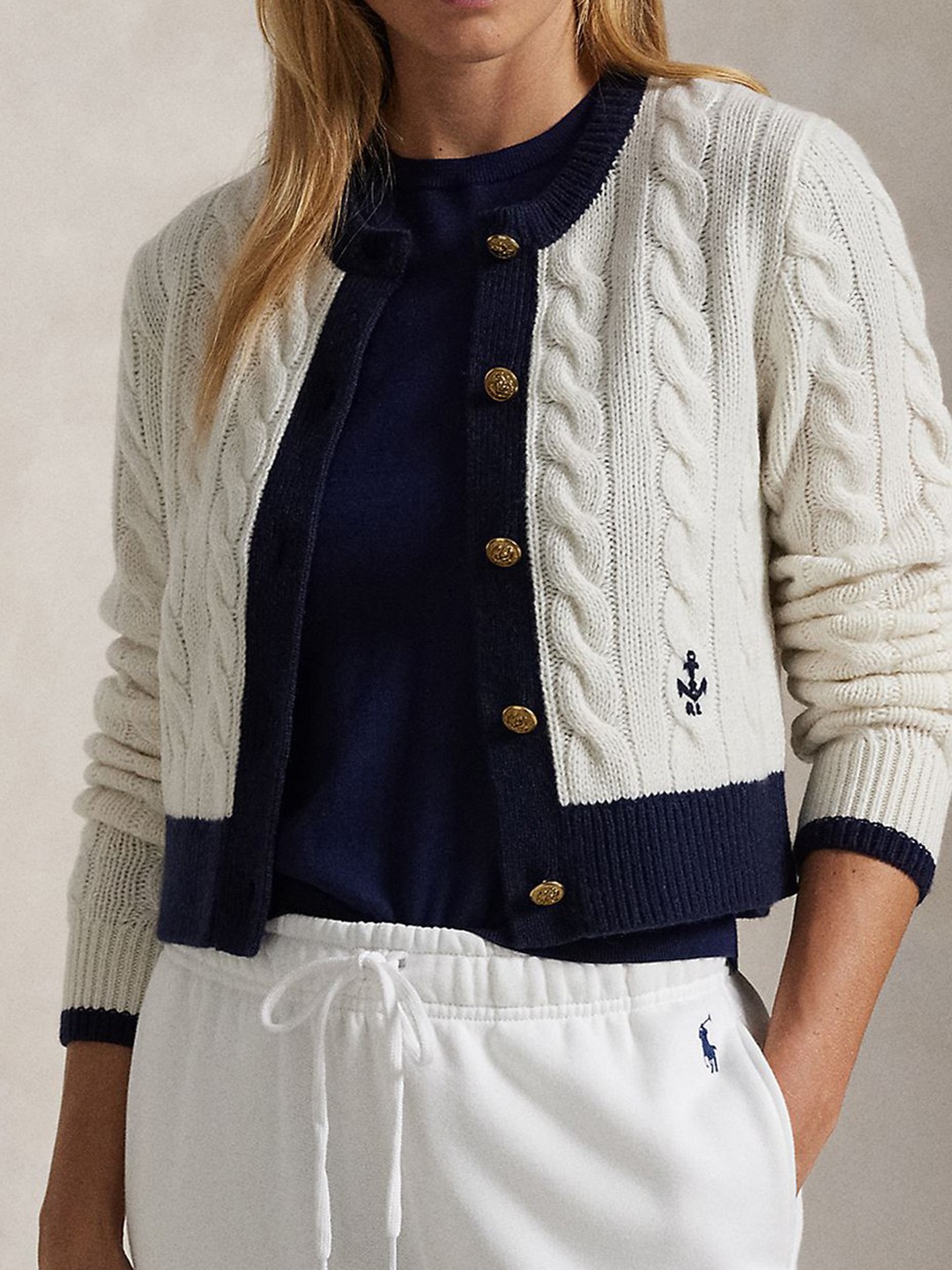 

Polo Ralph Lauren Cable-Knit Cashmere Slim-Fit Cropped Cardigan, Navy blue