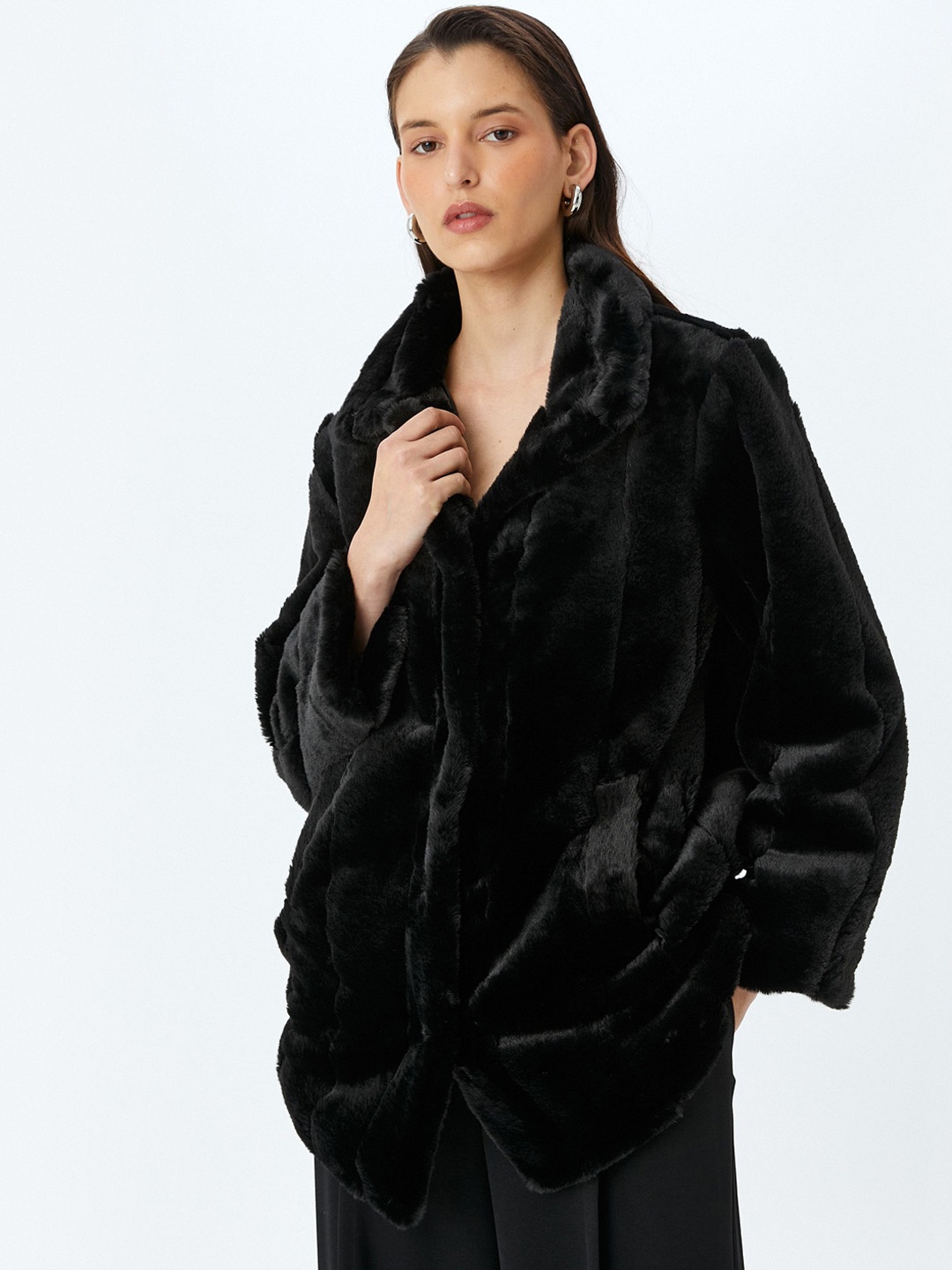 

Koton Women Spread Collar Overcoat, Black