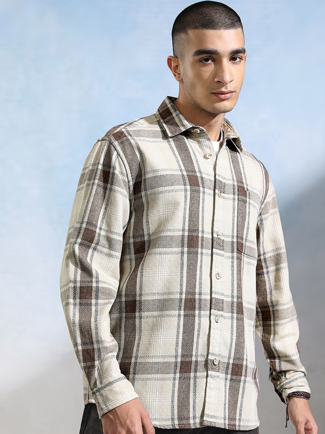 

HIGHLANDER Men Opaque Checked Casual Shirt, Beige