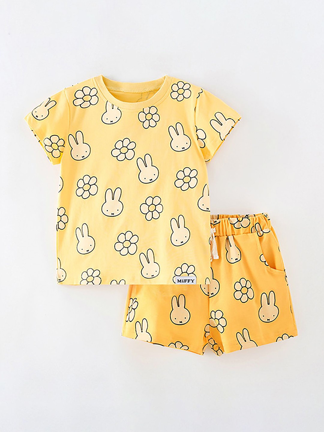 

LULU & SKY Girls Printed Pure Cotton T-Shirt & Short Night Suit, Yellow