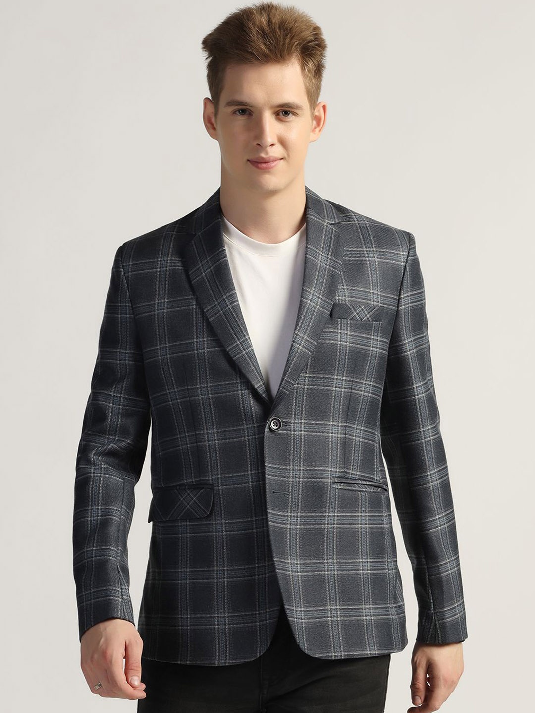 

TAHVO Checked Single-Breasted Blazer, Blue