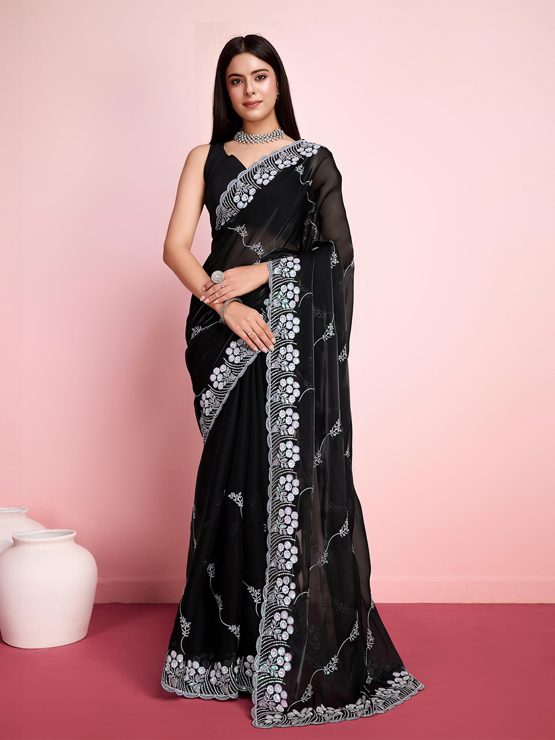 

HERE&NOW Floral Sequinned Embroidered Saree, Black