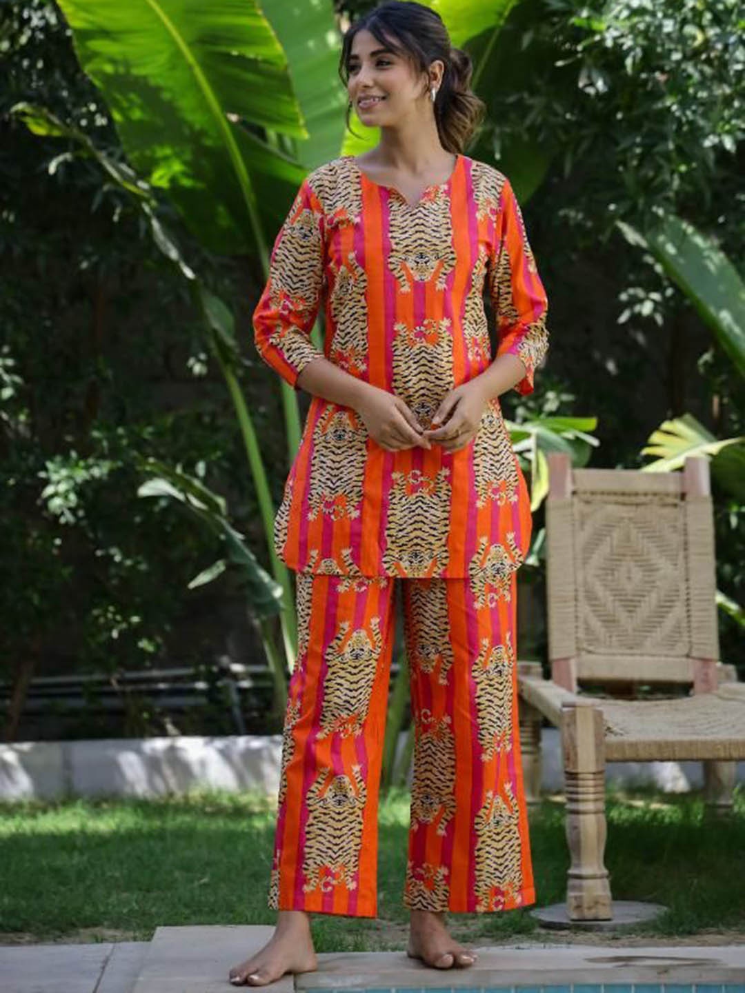 

FLAVIA CREATION Printed Top & Trousers Co-OrdsSet, Orange