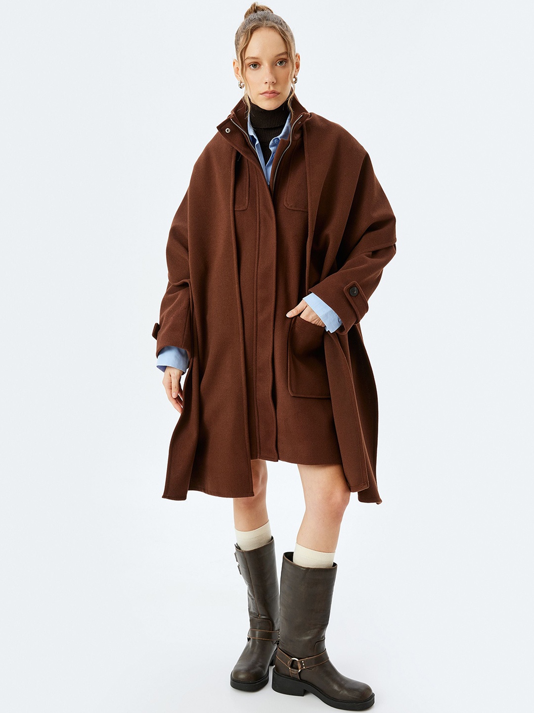 

Koton Women Mock Collar Overcoats, Brown