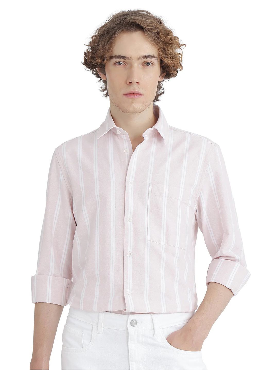 

RARE RABBIT Men Comfort Spread Collar Vertical Striped Cotton Casual Shirt, Pink
