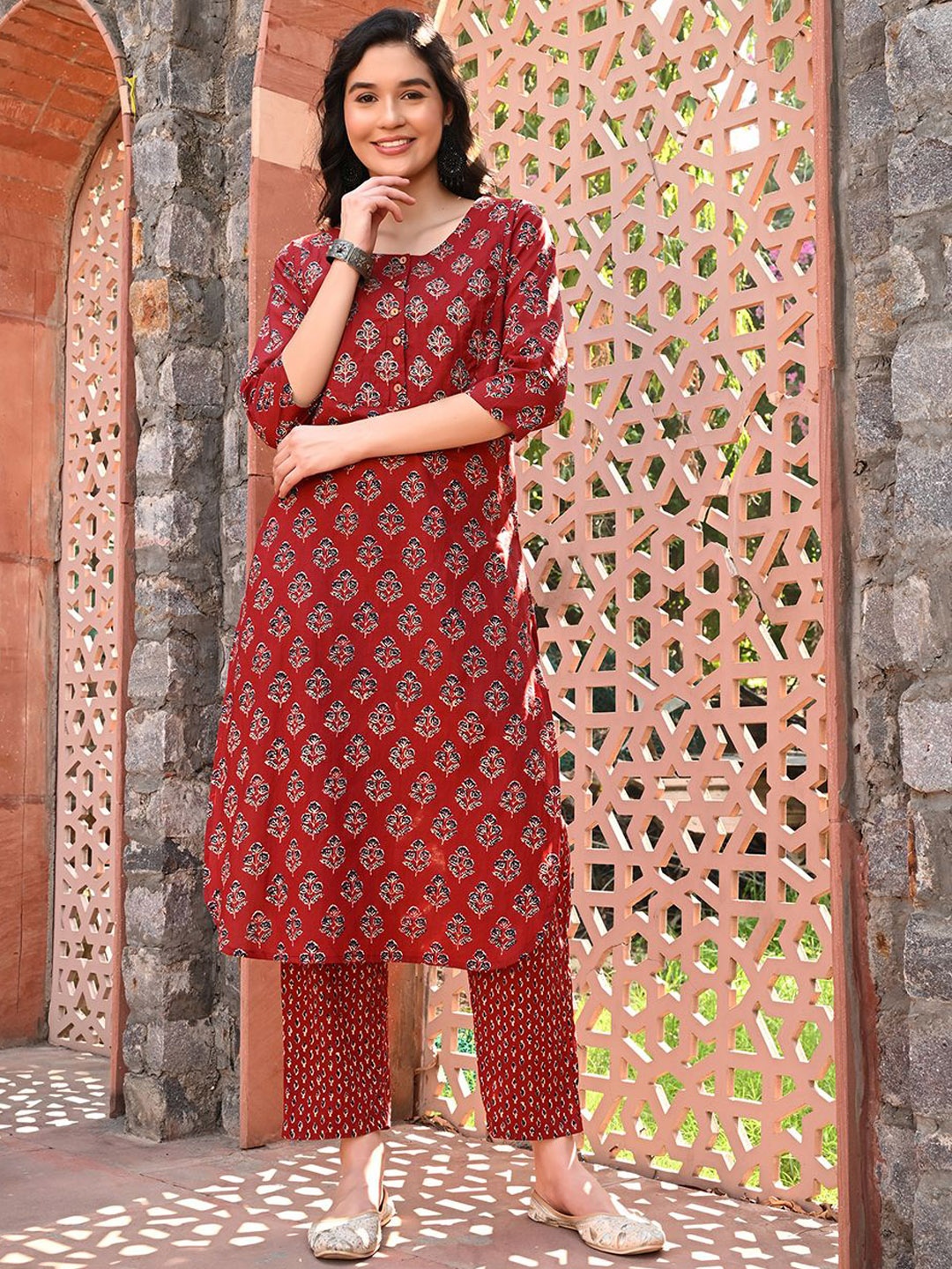 

KALINI Women Ethnic Motifs Printed Regular Pure Cotton Kurta with Trousers, Maroon