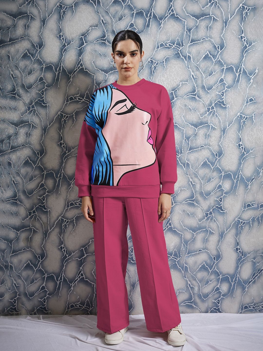 

Athena Printed Round Neck Sweatshirt & Trousers Co-Ords, Fuchsia