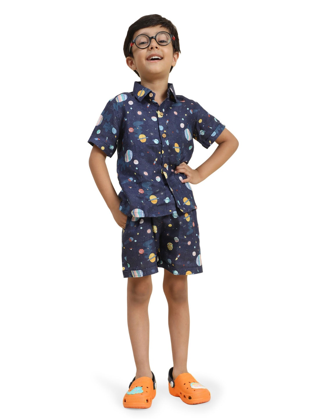 

Funny Bones Clothings Boys Printed Shirt Collar Short Sleeves Linen Shirt & Shorts, Navy blue