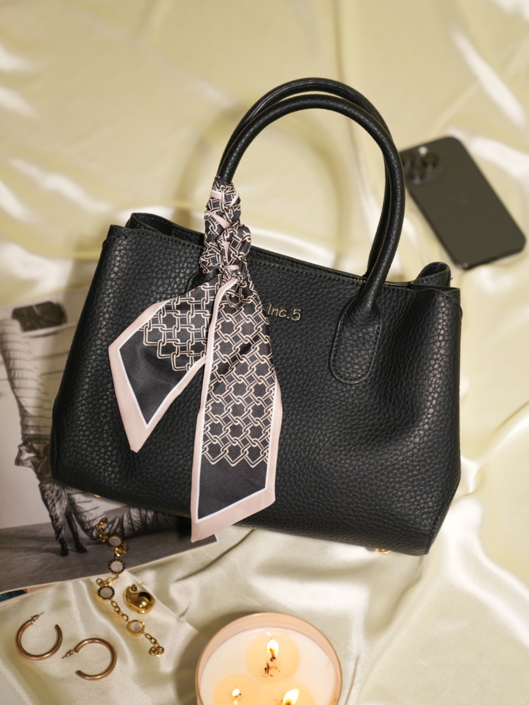 

Inc 5 Women Textured Structured Handheld Bag, Black