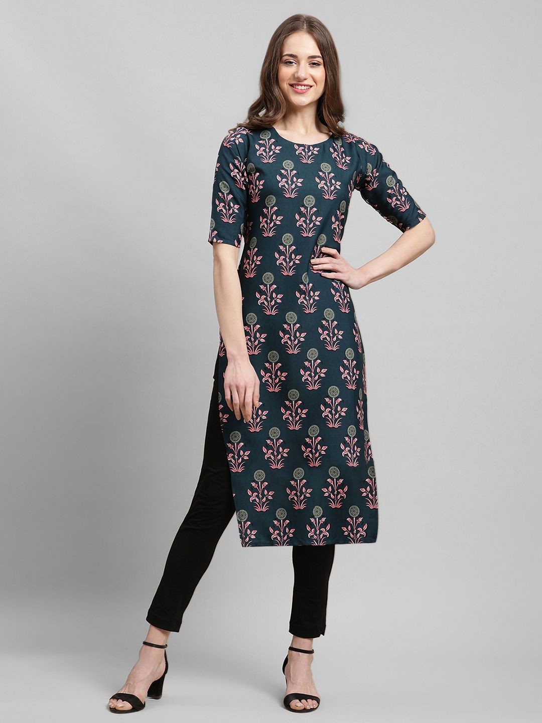 

7Threads Women Ethnic Motifs Printed Sequinned Floral Crepe Kurta, Blue