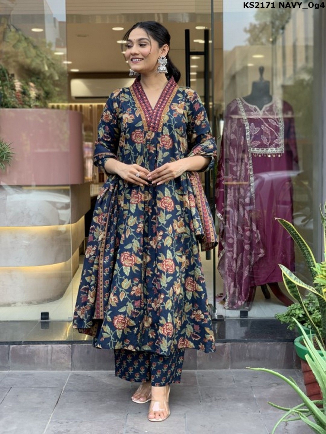 

KALINI Women Floral Printed Regular Kurta with Palazzos & With Dupatta, Navy blue