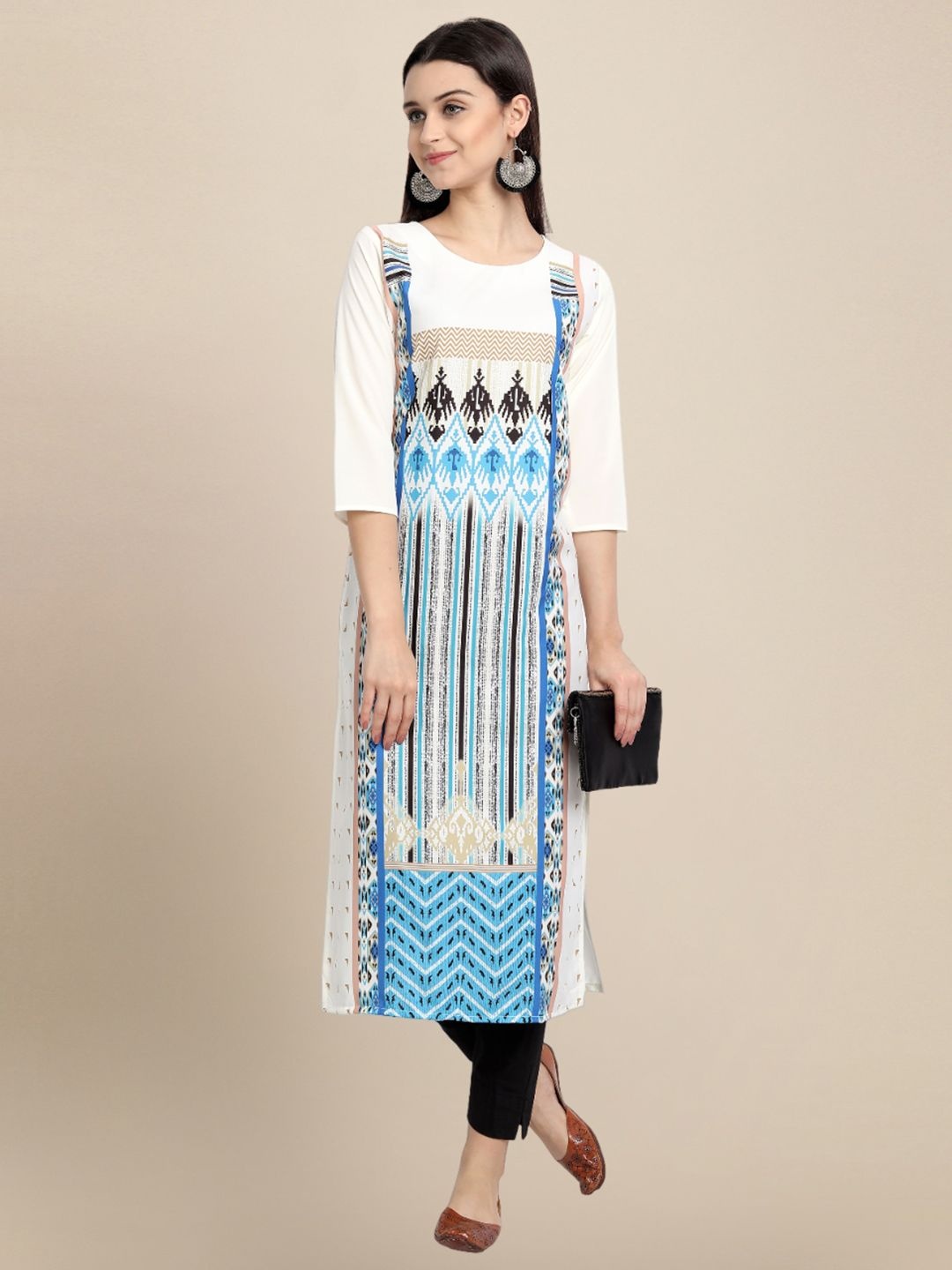 

7Threads Women Ethnic Motifs Printed Thread Work Floral Crepe Kurta, White