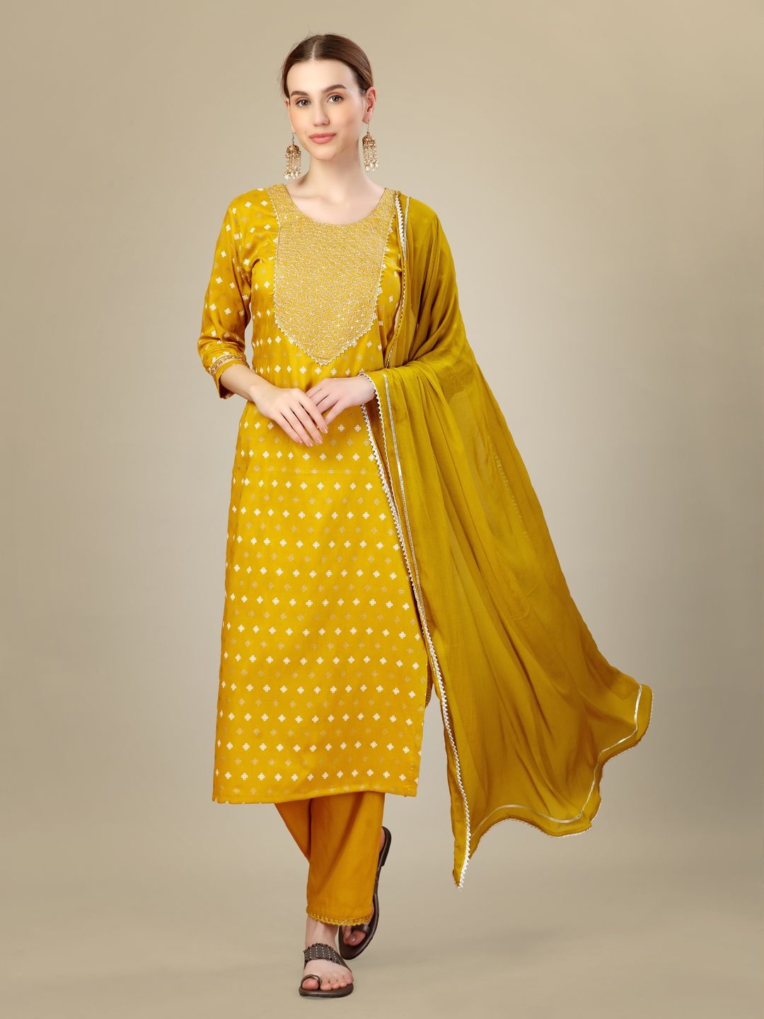 

HI FI NX Women Ethnic Motifs Embroidered Regular Sequinned Kurta with Churidar & With Dupatta, Yellow