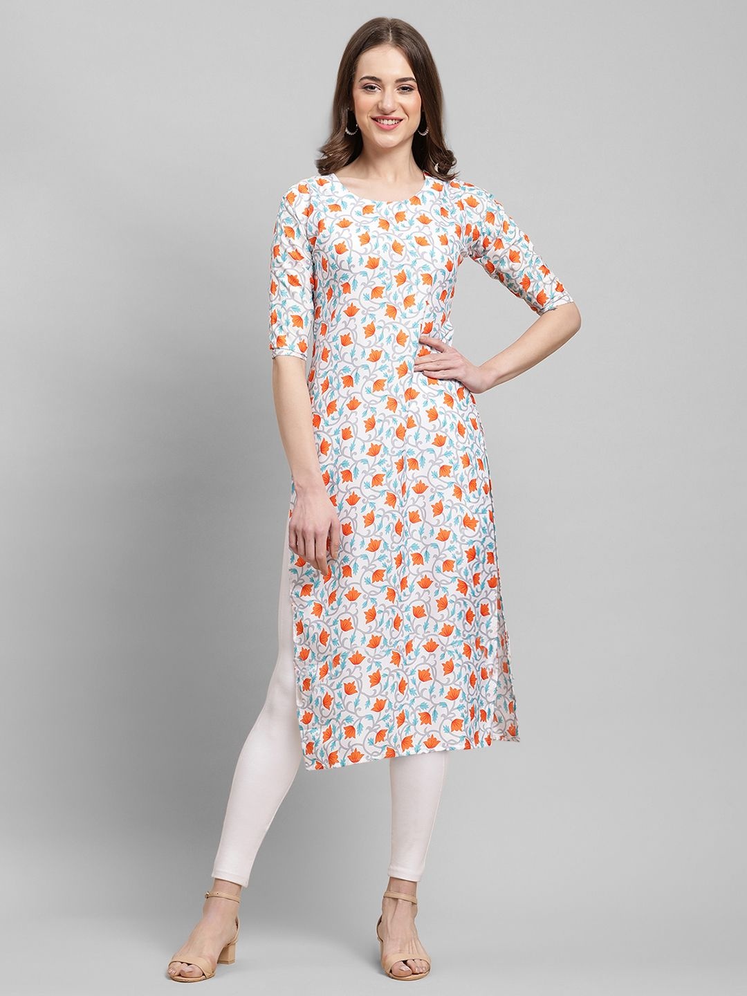 

7Threads Women Ethnic Motifs Printed Floral Crepe Kurta, White