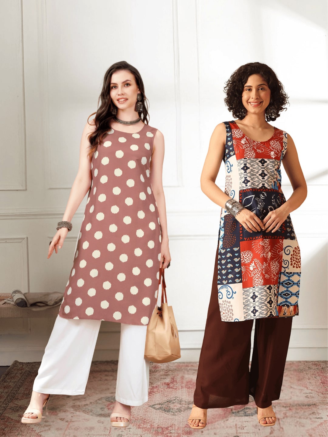 

Anouk Rustic Selection Of 2 Floral Printed Round Neck Straight Kurtas, Brown