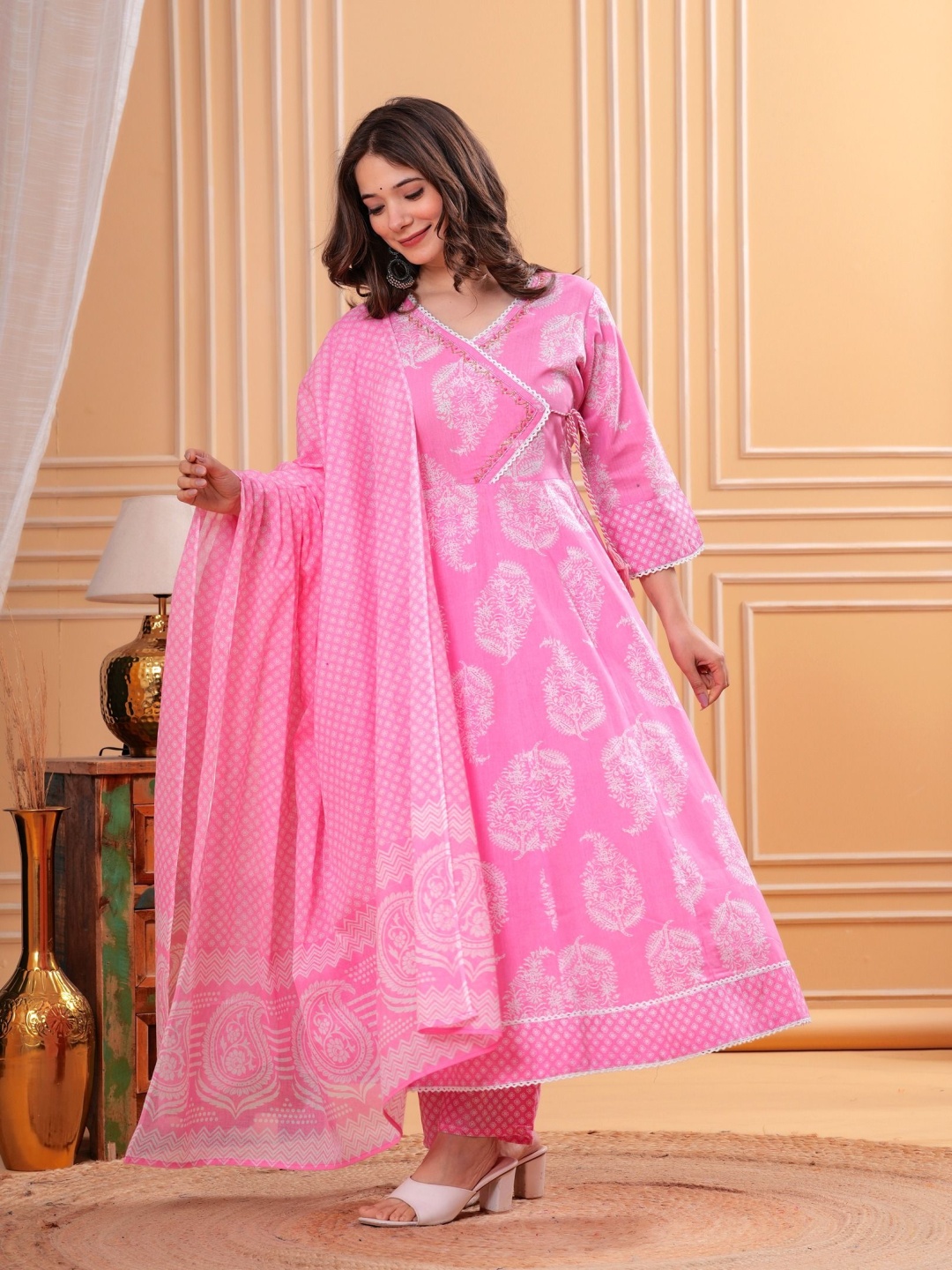 

PARTHVI Women Ethnic Motifs Printed Angrakha Thread Work Pure Cotton Kurta with Trousers & With Dupatta, Pink