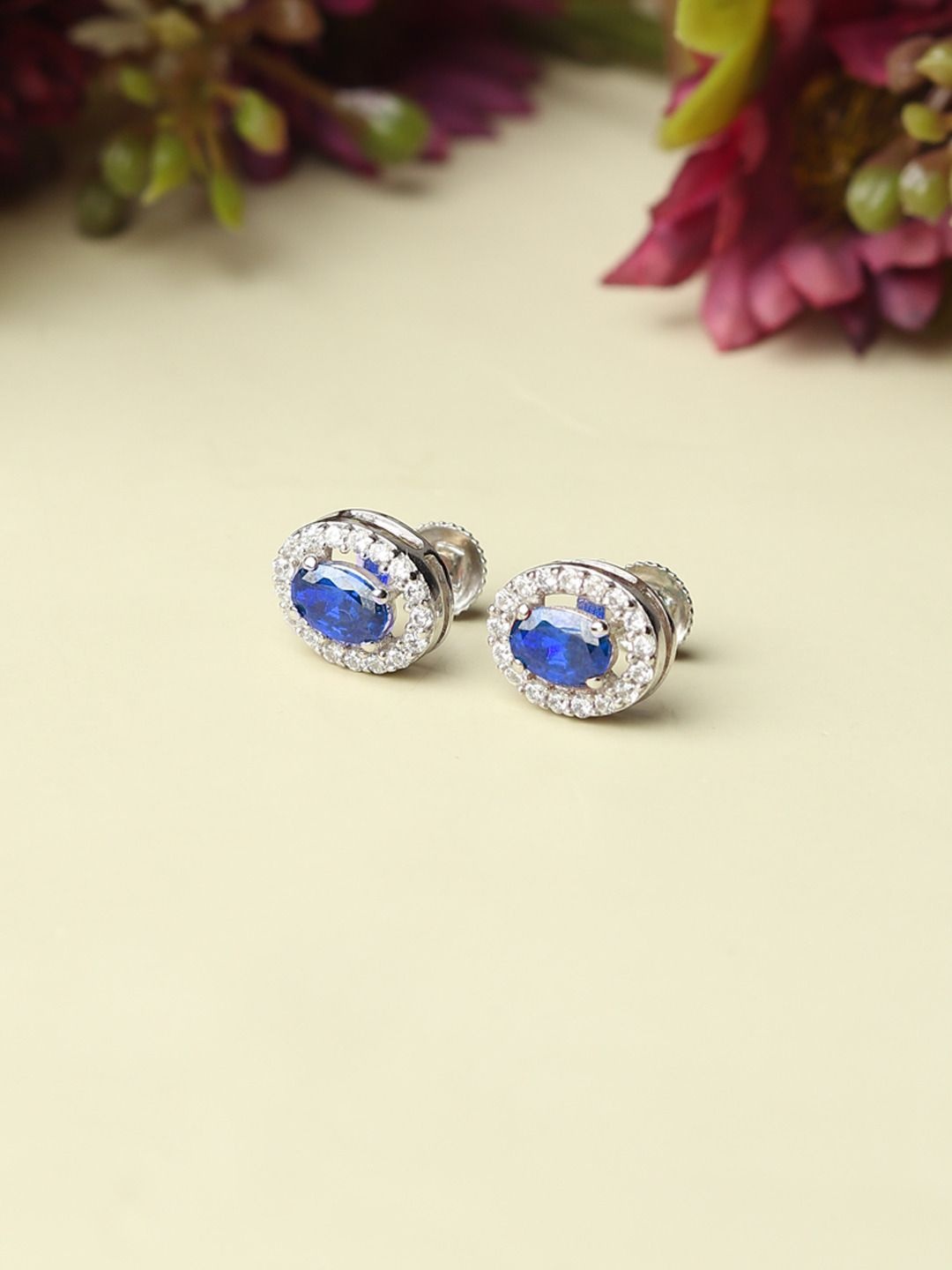 

AKSHAT SAPPHIRE 925 Sterling Silver Rhodium-Plated CZ Studded Oval Studs Earrings