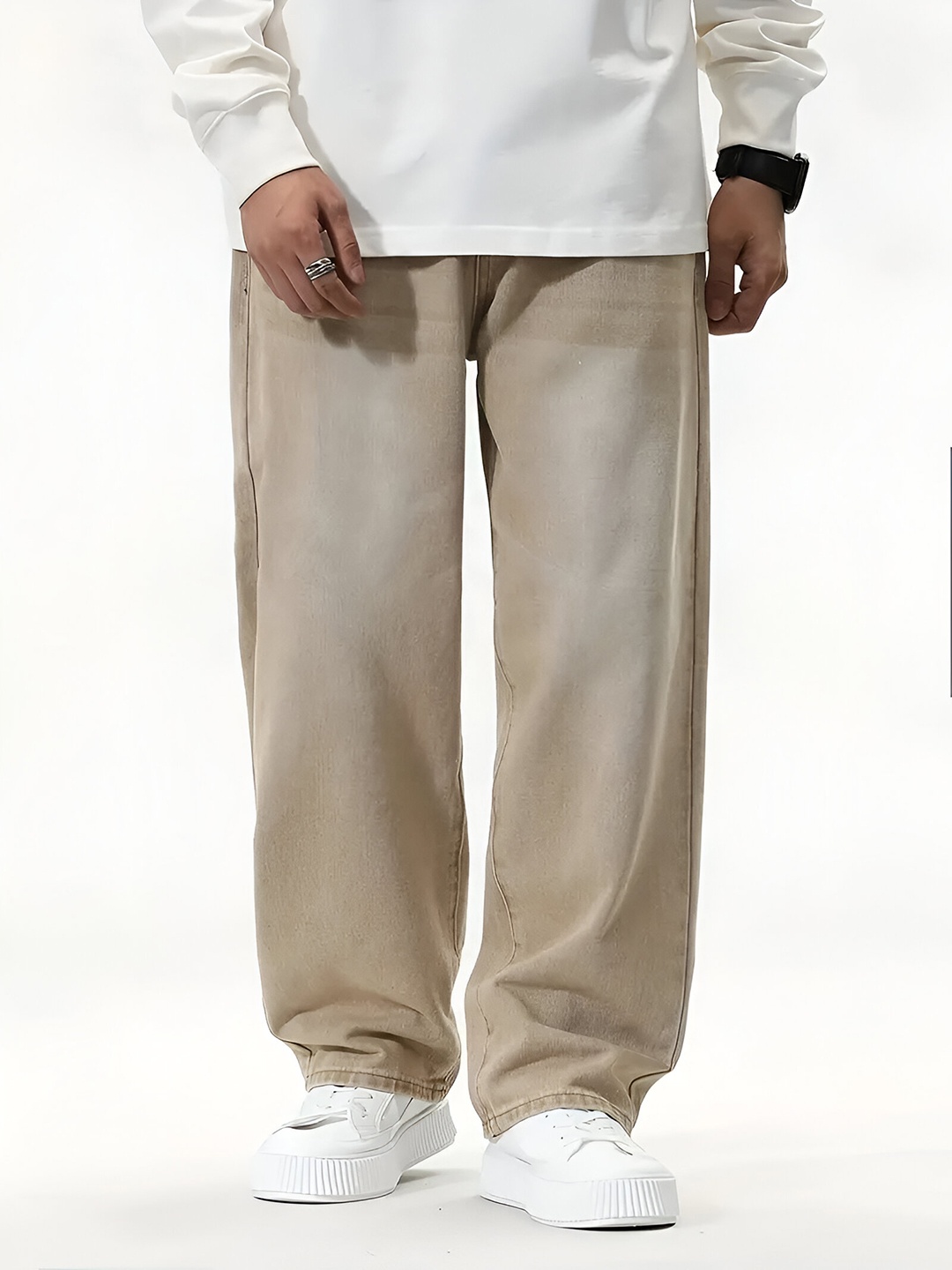 

THIRD QUADRANT Men Loose Fit Mid-Rise Cotton Jeans, Khaki
