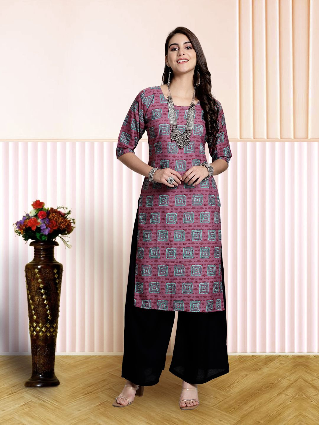 

7Threads Women Ethnic Motifs Printed Floral Crepe Kurta, Pink