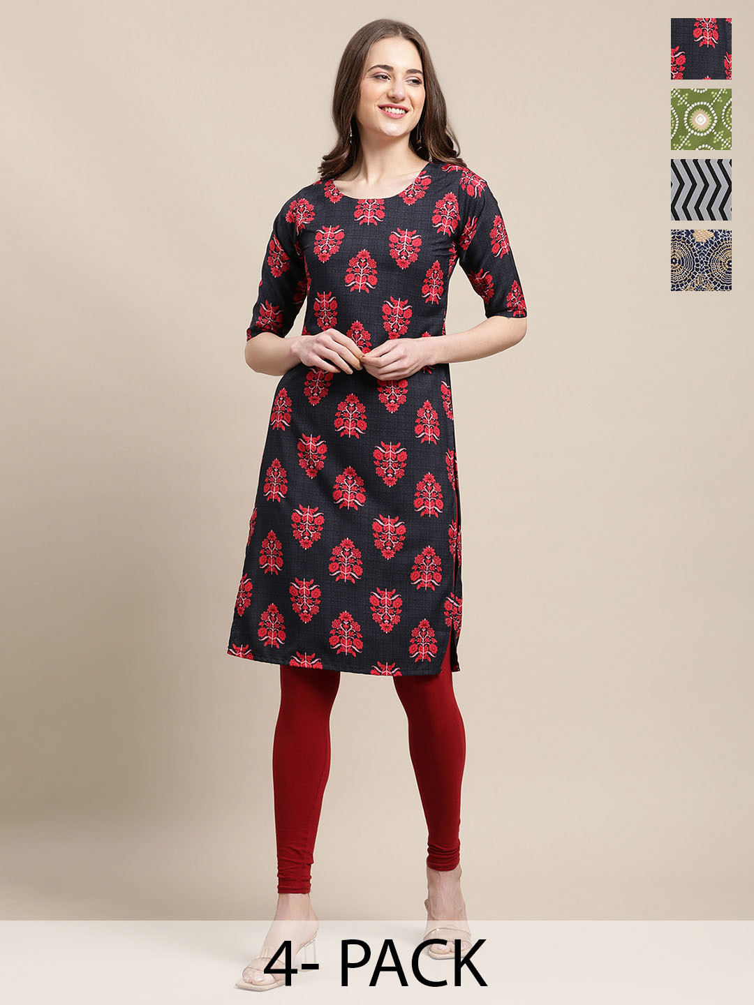 

7Threads Selection of 4 Ethnic Motifs Printed Crepe Straight Kurta, Black