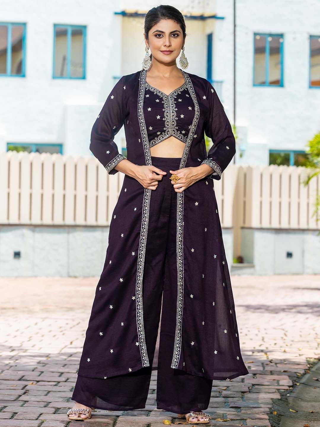 

Lilots Embroidered Crop Top With Palazzos & Shrug Co-Ords Set, Magenta
