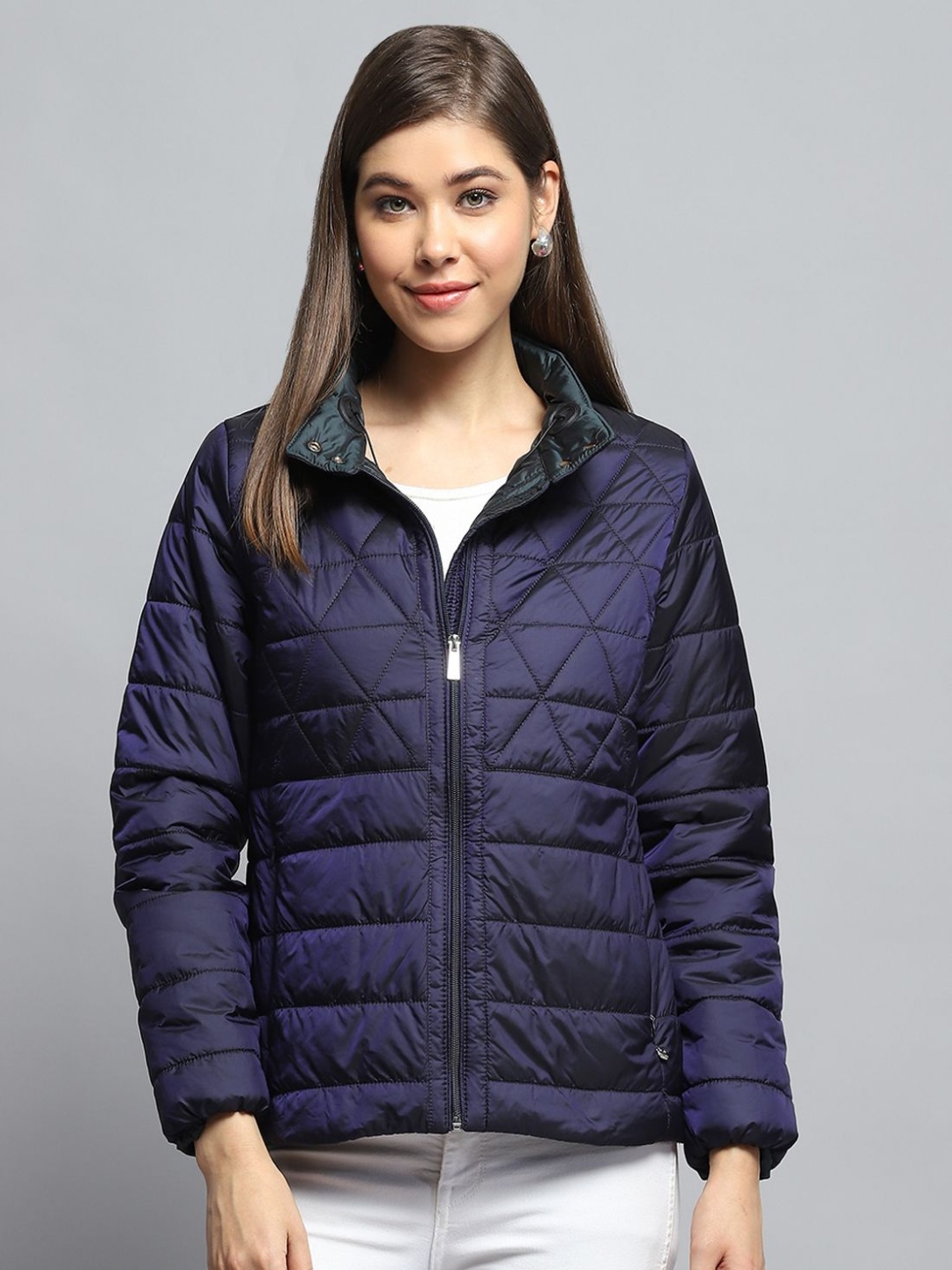 

Monte Carlo Women Spread Collar Solid Casual Lightweight Puffer Jacket, Navy blue