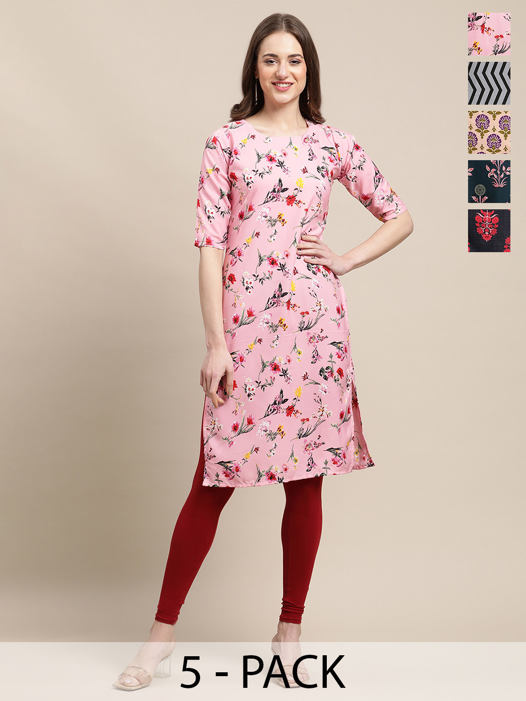 

7Threads Selection Of 5 Floral Printed Round Neck Regular Sleeves Straight Kurtas, Pink