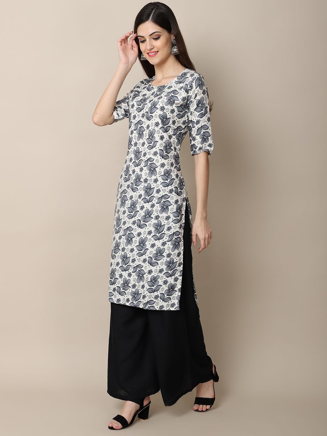 

7Threads Women Ethnic Motifs Printed Floral Crepe Kurta, Grey