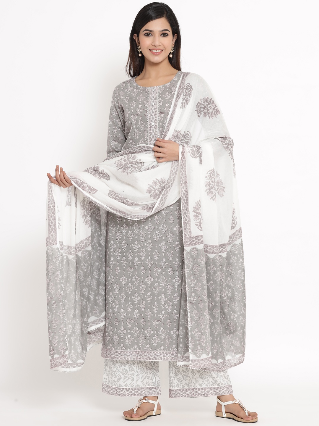 

kipek Women Floral Printed Regular Pure Cotton Kurta with Palazzos & With Dupatta, Grey