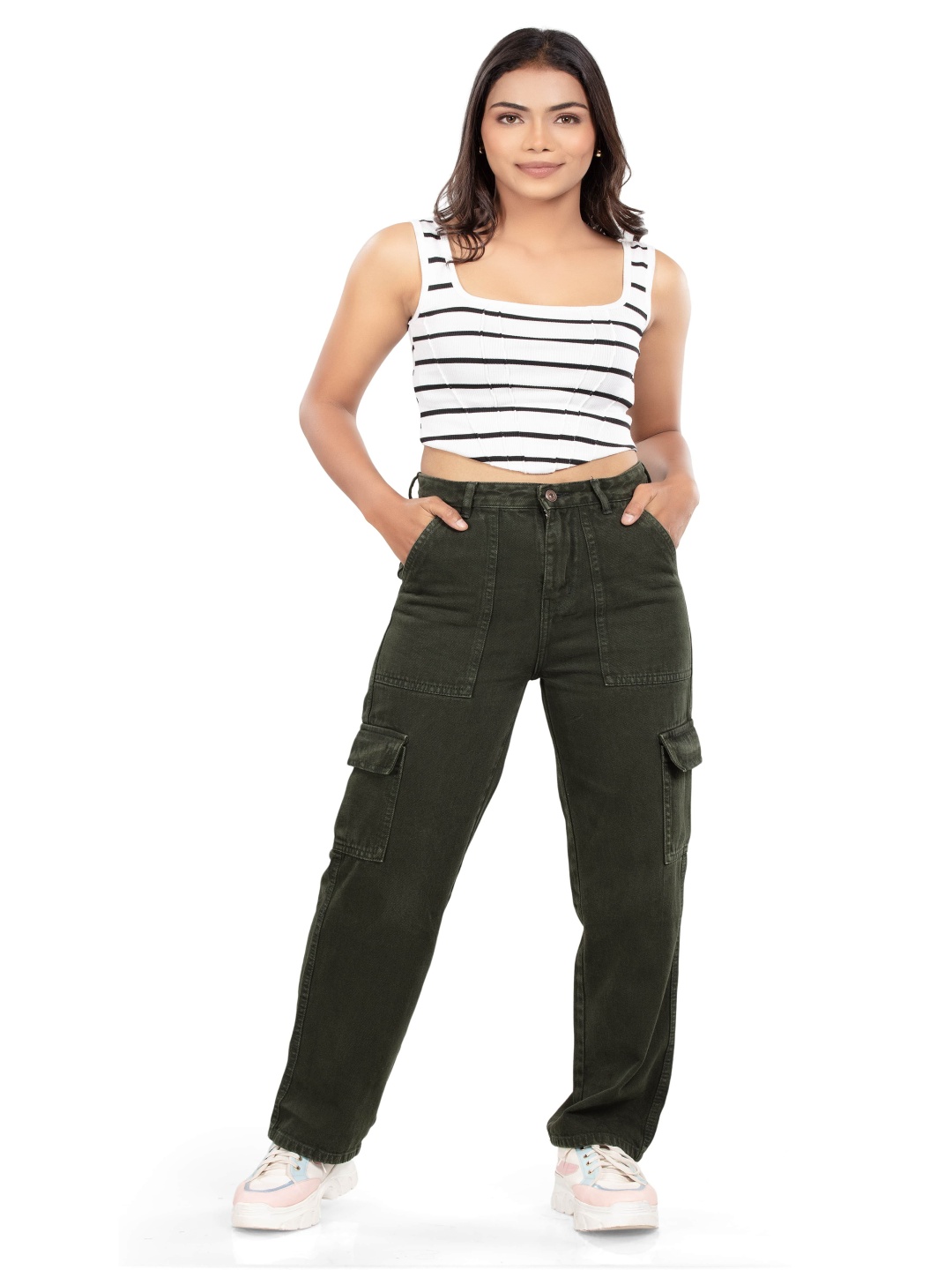 

BELLE ALLE DENIM Women Straight Fit High-Rise Cotton Cargo Jeans, Grey
