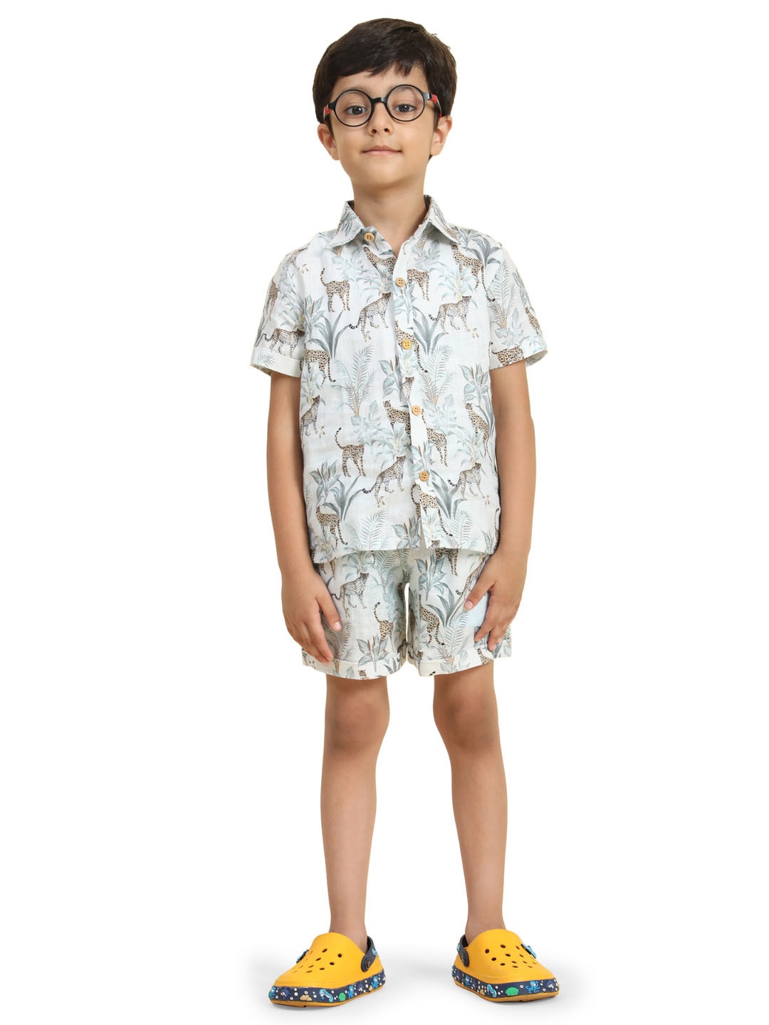 

Funny Bones Clothings Boys Printed Shirt Collar Linen Shirt & Shorts, White