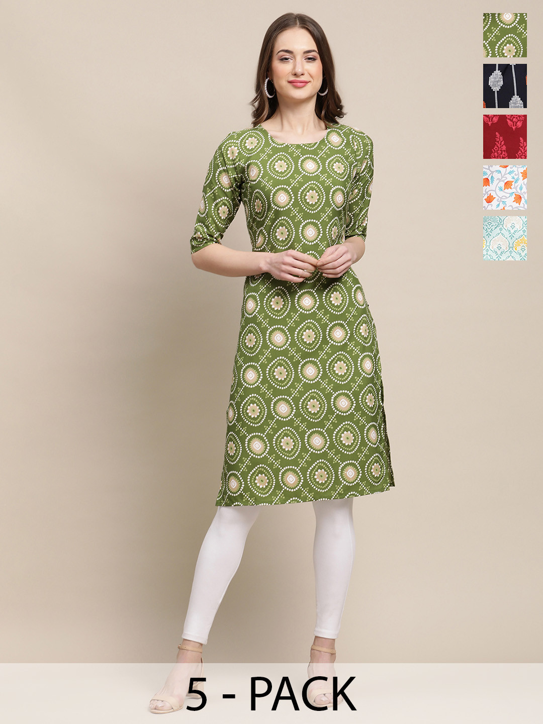 

7Threads Selection Of 5 Ethnic Motifs Printed Straight Kurtas, Green