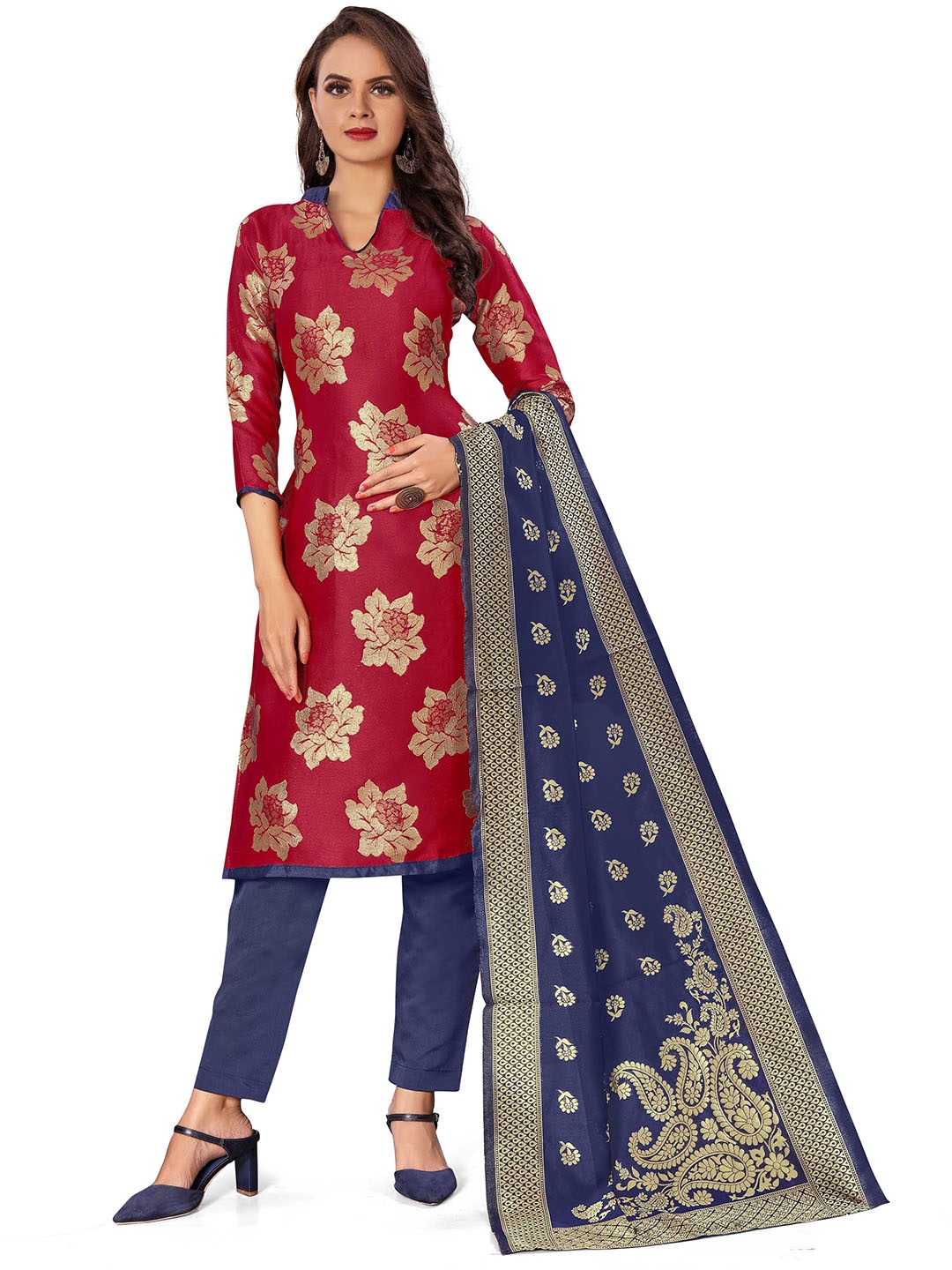 

Maroosh Floral Woven Design Banarasi Jacquard Unstitched Dress Material, Red