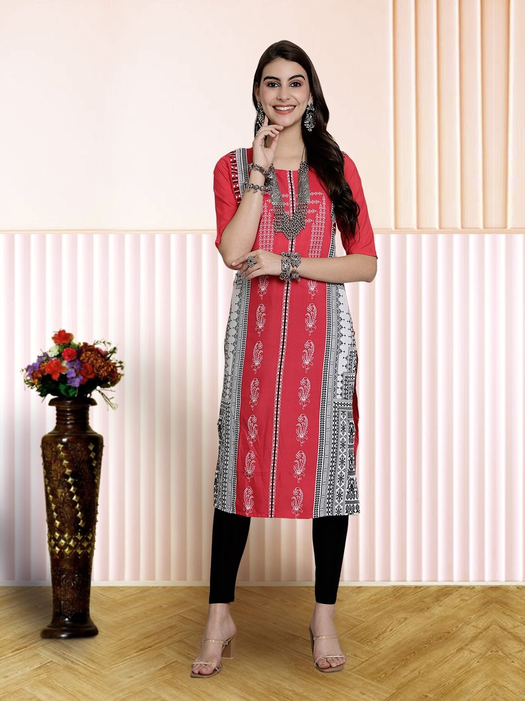 

7Threads Women Ethnic Motifs Printed Floral Crepe Kurta, Pink