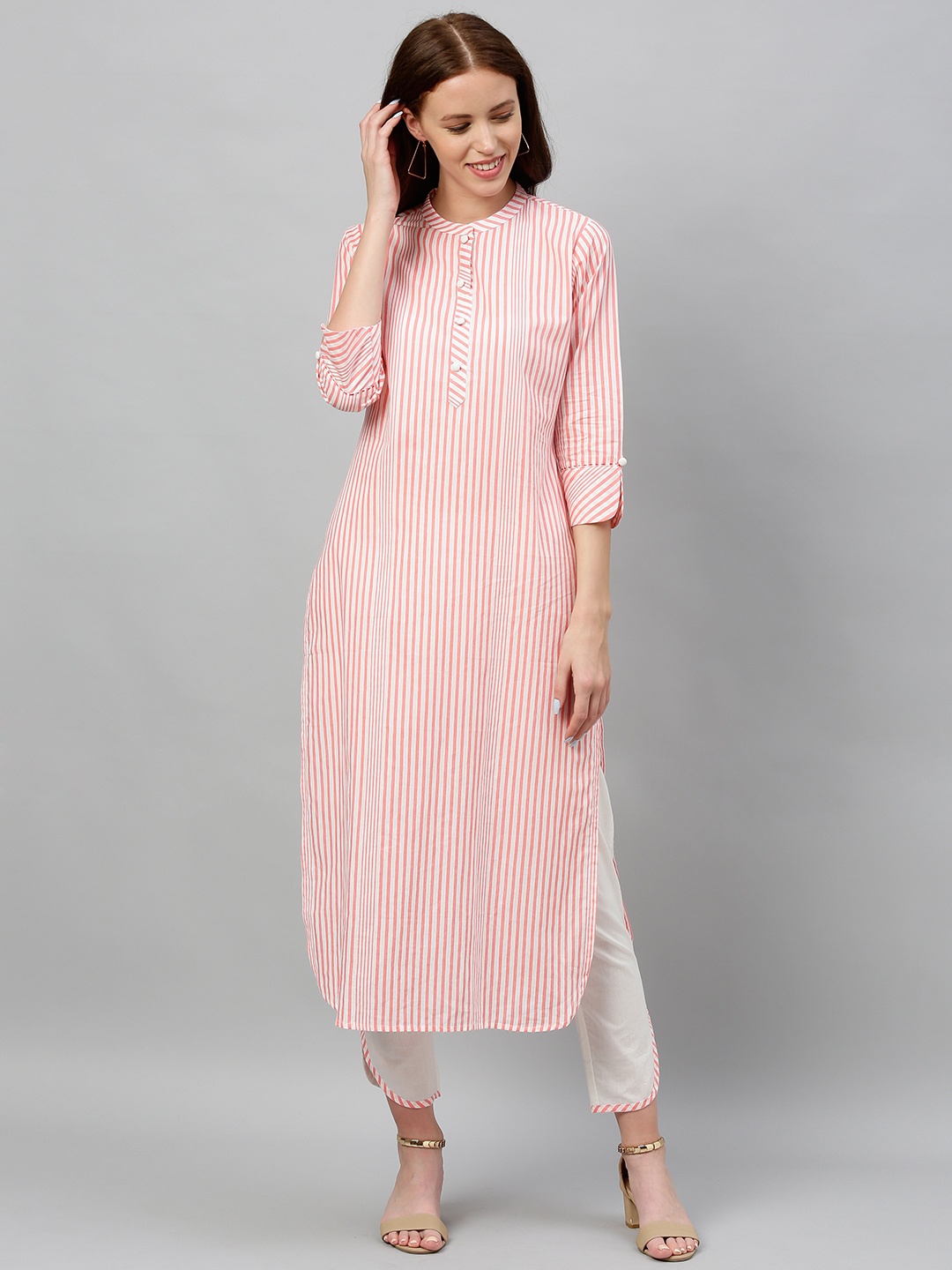 

kipek Women Striped Regular Pure Cotton Kurta with Trousers, Peach