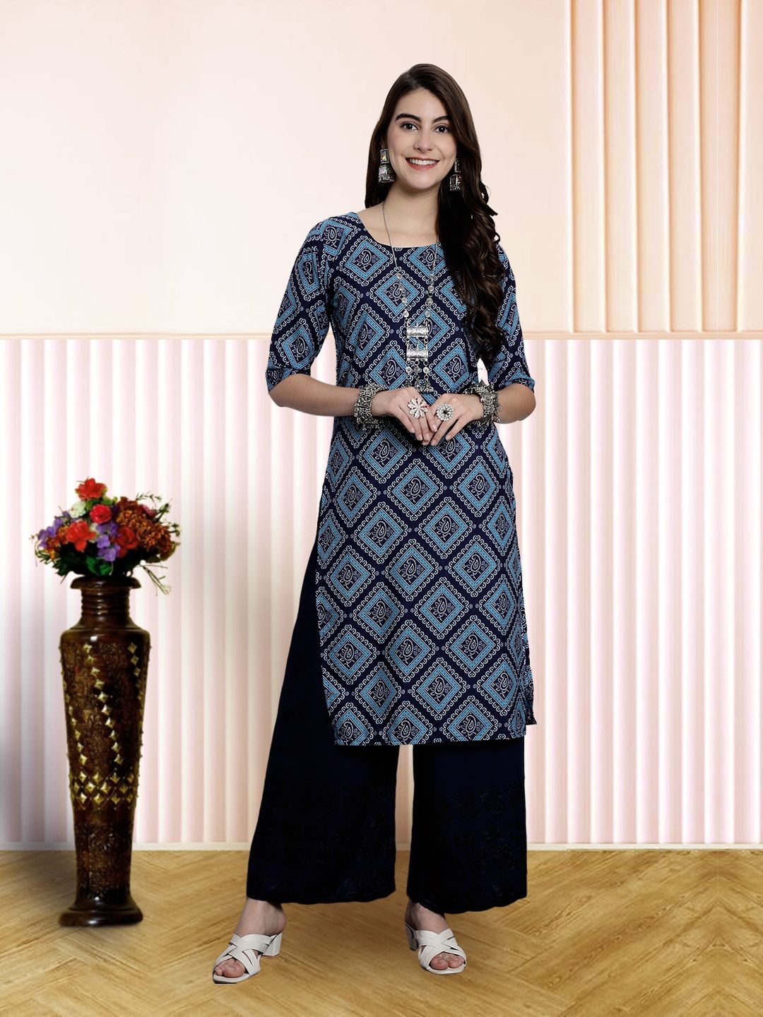 

7Threads Women Ethnic Motifs Printed Floral Crepe Kurta, Blue