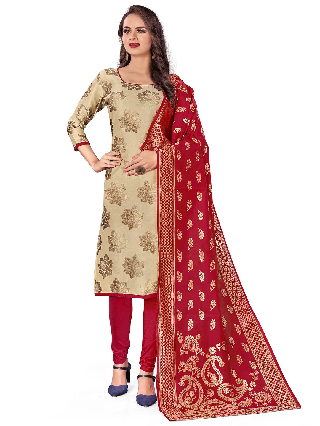 

Maroosh Floral Woven Design Banarasi Jacquard Unstitched Dress Material, Beige