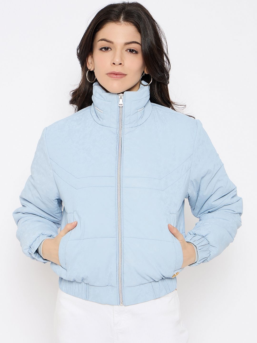 

Duke Women Solid Mock Collar Quilted Jacket, Blue