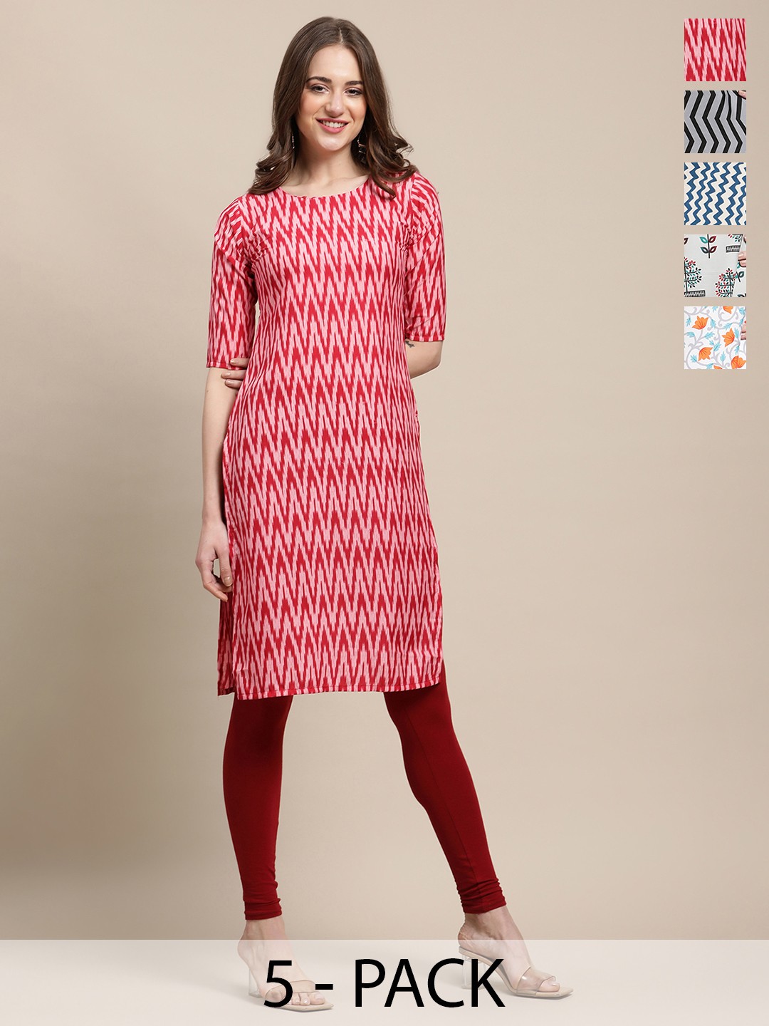 

7Threads Selection Of 5 Chevron Printed Round Neck Crepe Straight Kurta, Red
