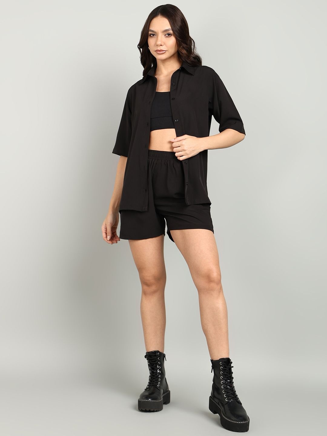 

The Roadster Lifestyle Co Crop Top With Collar Shirt & Shorts Co-Ords, Black