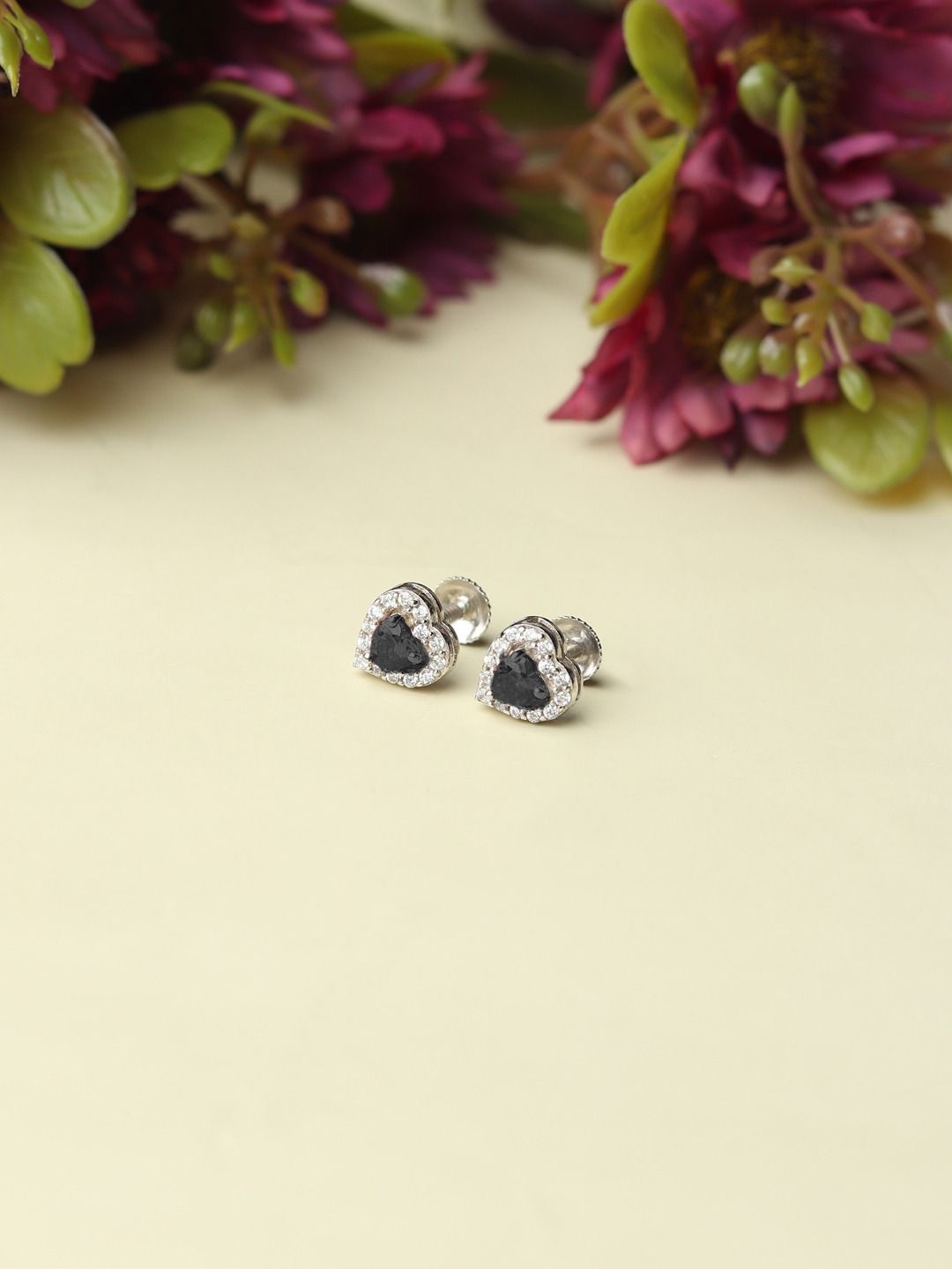 

AKSHAT SAPPHIRE 925 Sterling Silver Rhodium-Plated CZ Studded Heart Shaped Studs Earrings